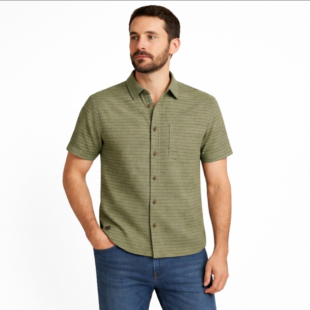 Goodfellow & Co Men's Green Striped Button-Down Shirt Short Sleeve Cotton Sz Lg - Picture 1 of 8